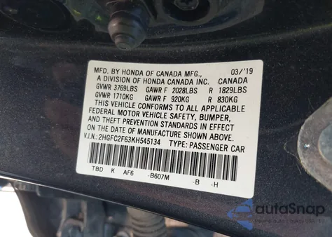 2019 Honda Civic Lx from USA, damaged, VIN 2HGFC2F63KH545134